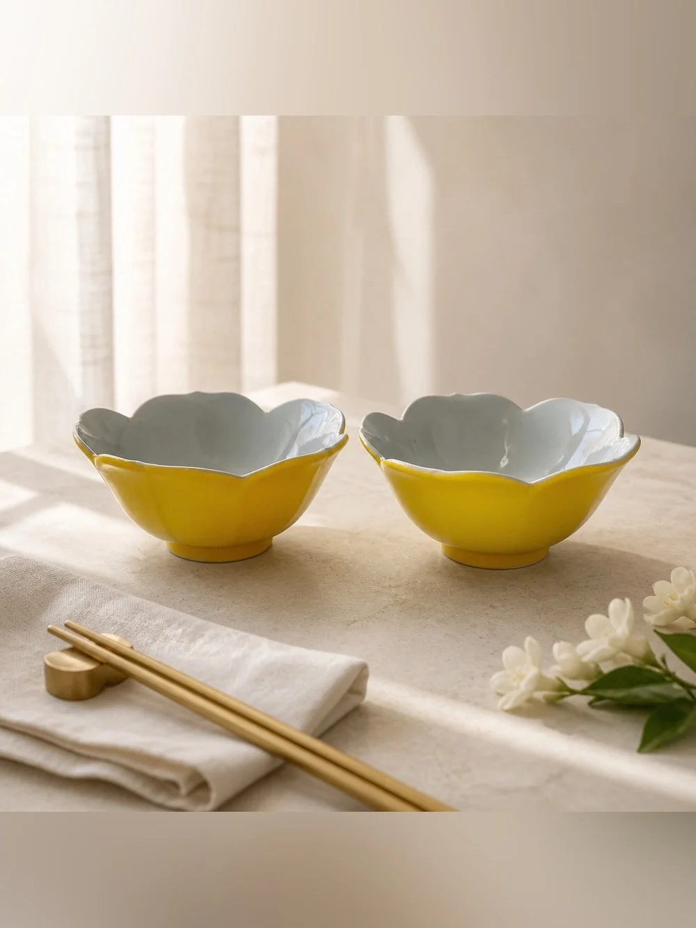 Japanese Set of 2 Yellow lotus porcelain bowls white interior Black Speckled